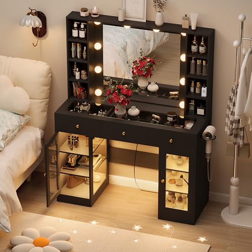 White Glass Top Vanity Desk with Mirror and Lights and 3 Drawers K745840