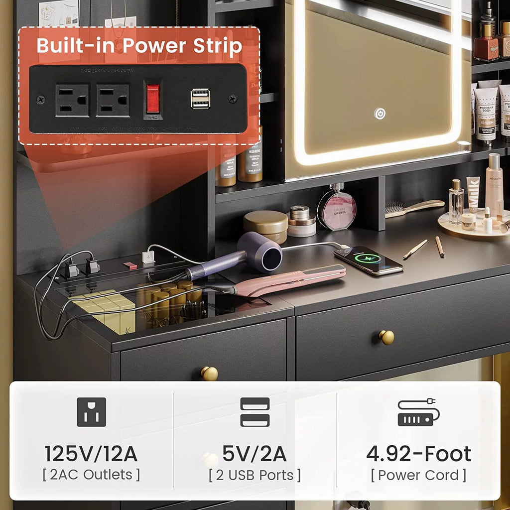 Black Makeup Desk with Lights and Charging Station E65511
