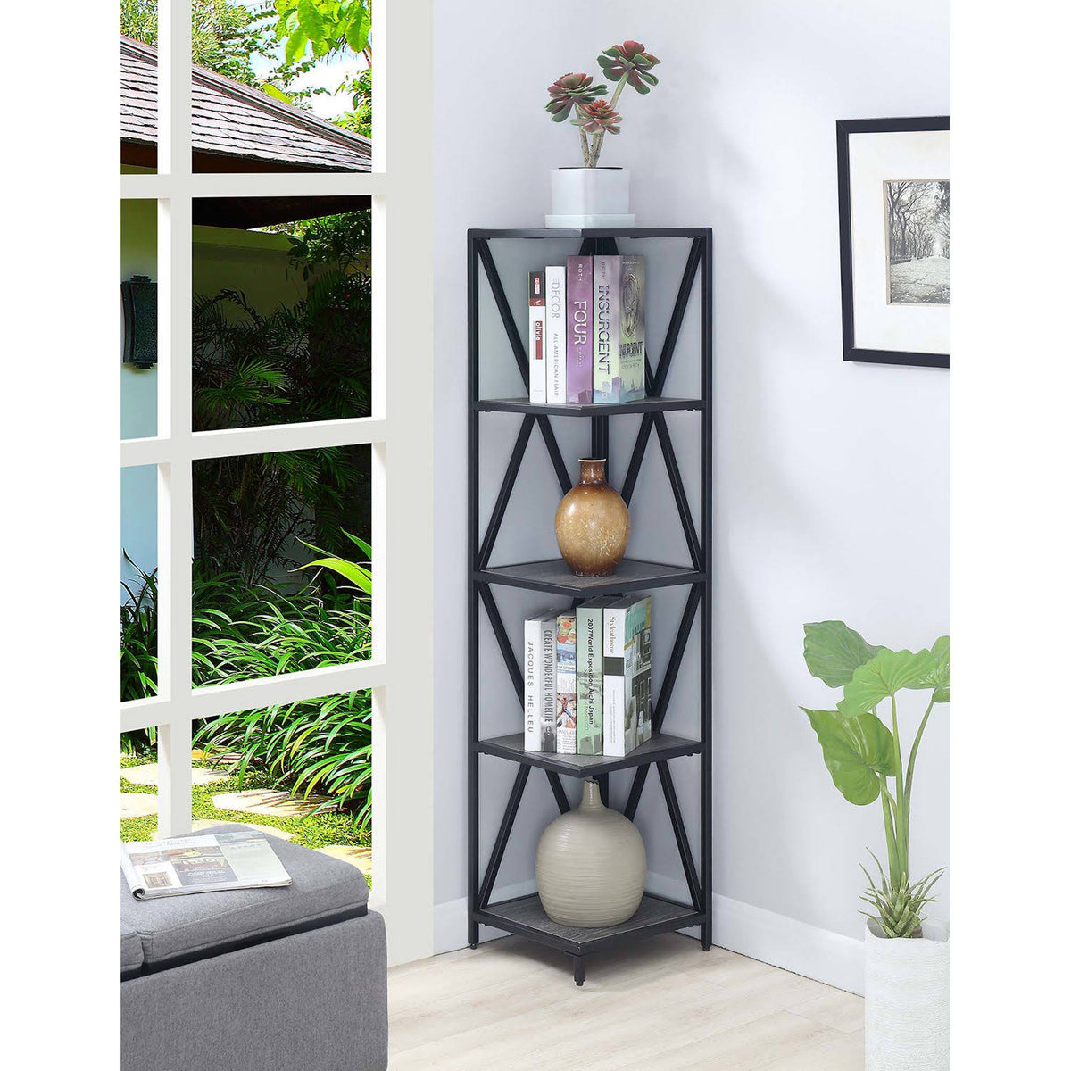 Weathered Gray / Black Metal 5 Tier Corner Bookcase X8724