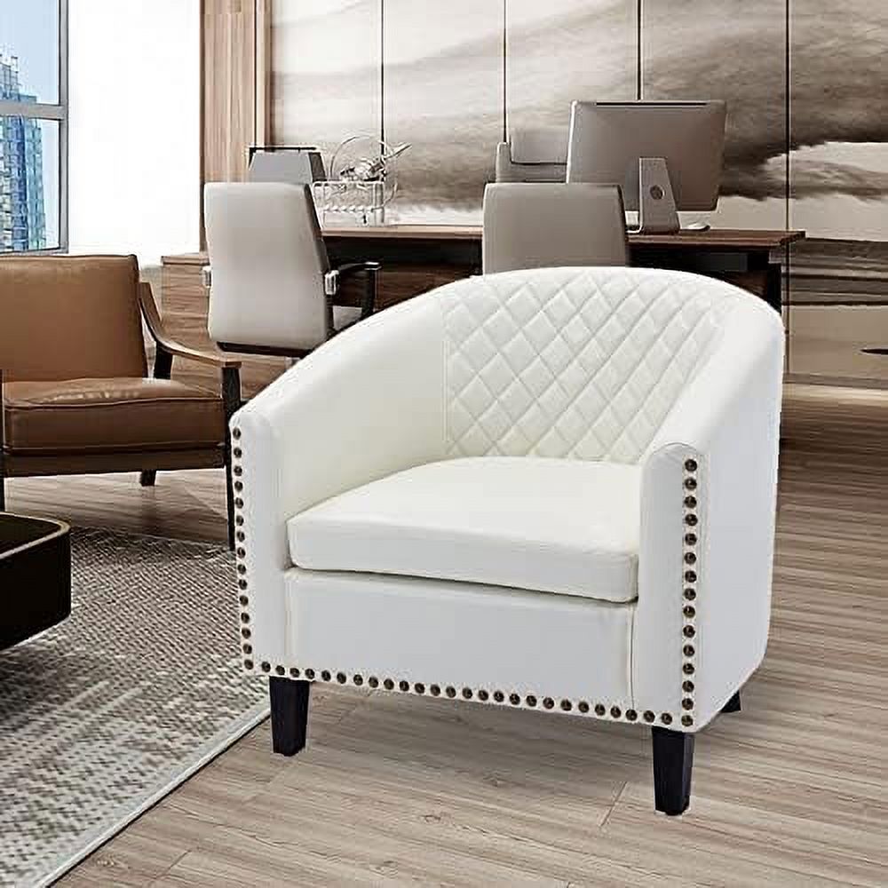 White Faux Leather Barrel Club Chair with Solid Wood Legs H656