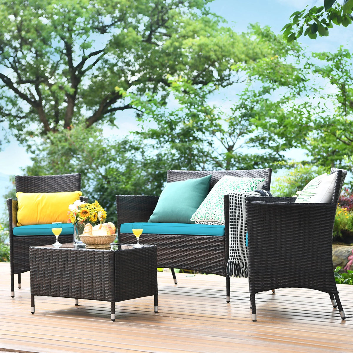 4 Pc Turquoise Cushioned Patio Rattan Conversation Furniture Set M672