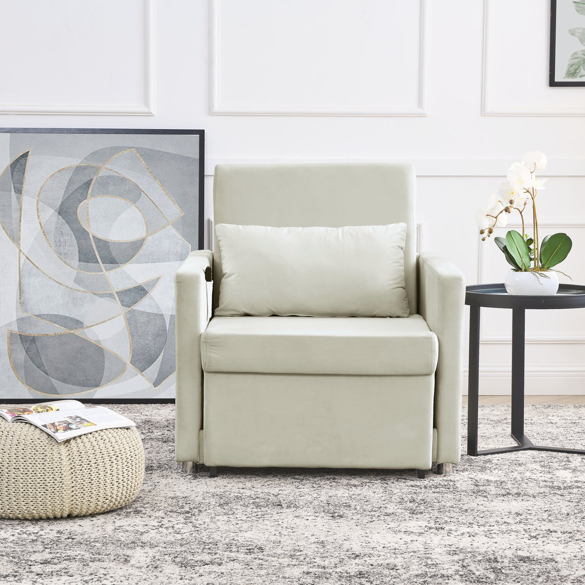 Beige Velvet Convertible Chair Bed L23317