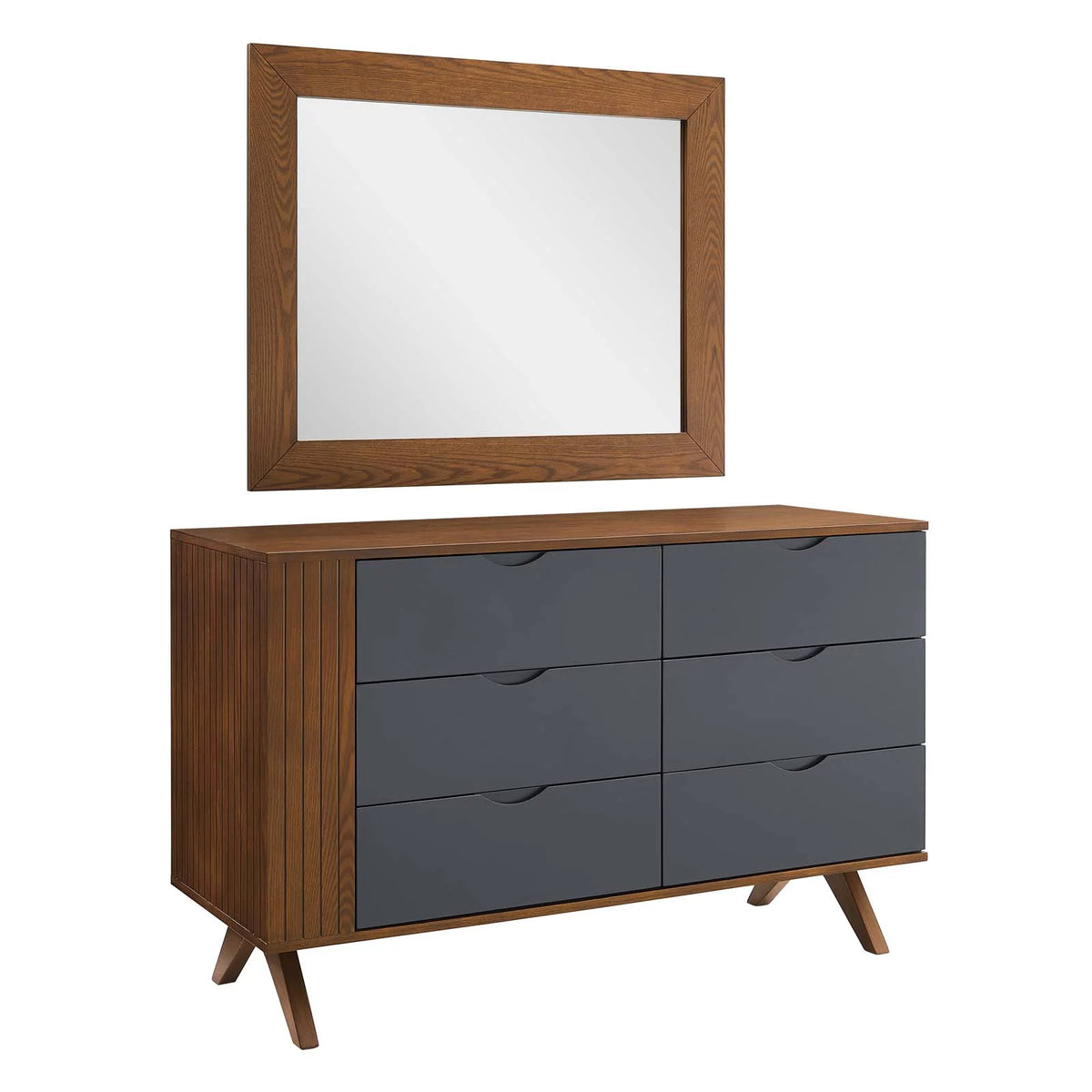 Walnut Wood Dresser Drawer Chest Mirror Set N1068