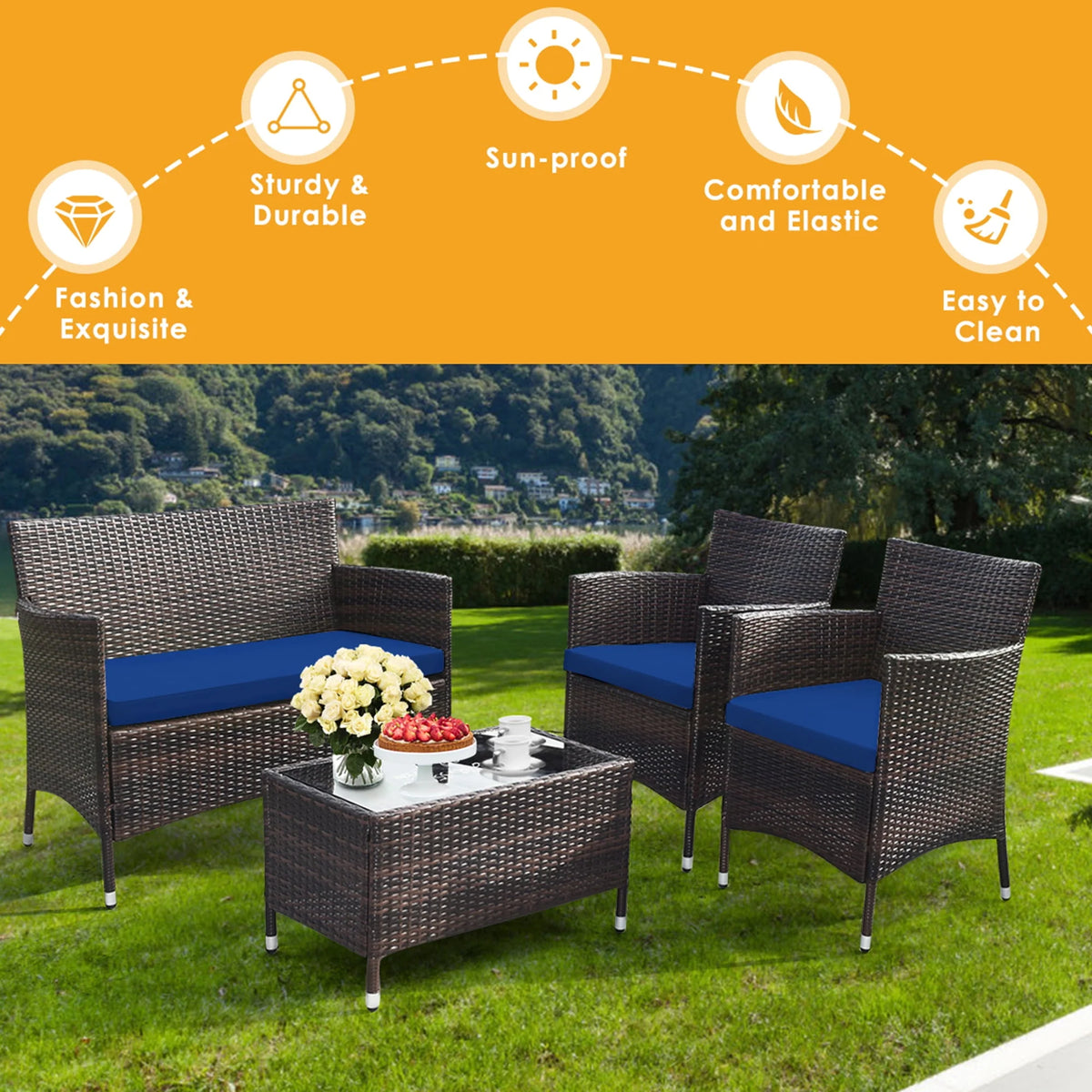 4 Pc Turquoise Cushioned Patio Rattan Conversation Furniture Set M672