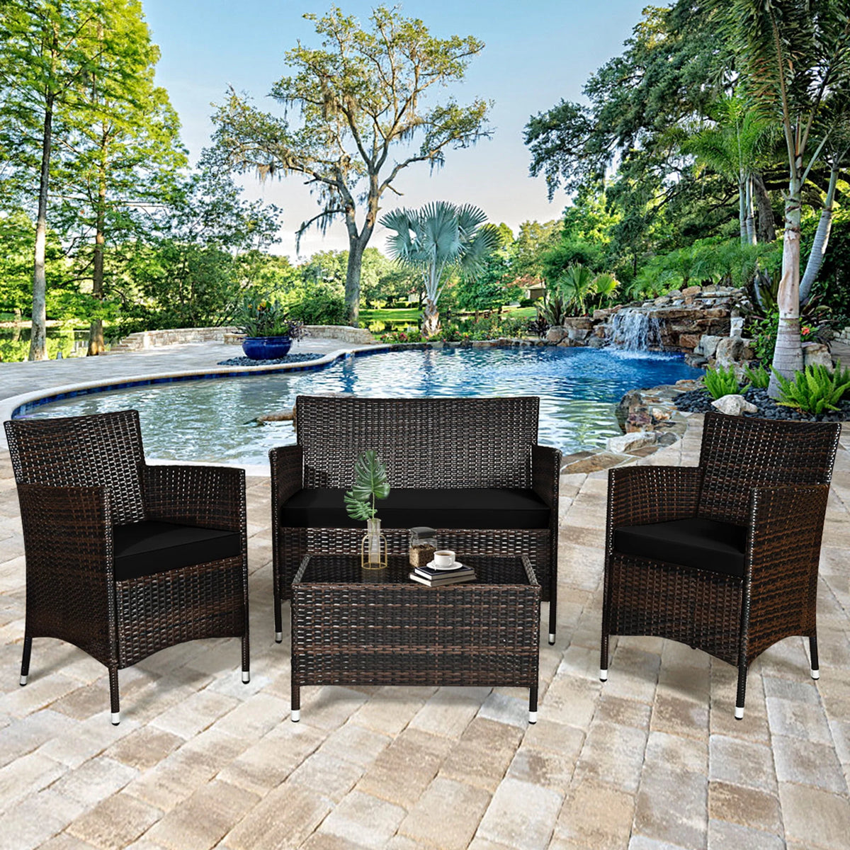 4 Pc Turquoise Cushioned Patio Rattan Conversation Furniture Set M672