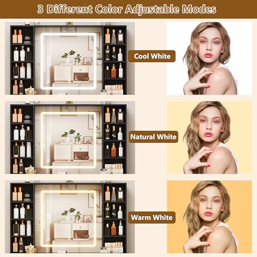 White Glass Top Vanity Desk with Mirror and Lights and 3 Drawers K745840