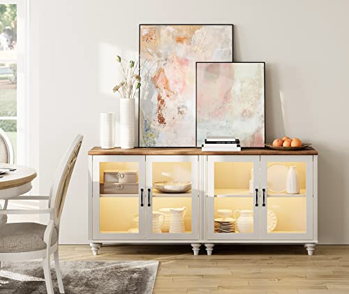 Off White Wood TV Stand with Yellow LED Light and Glass Door T406