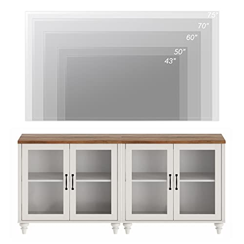 Off White Wood TV Stand with Yellow LED Light and Glass Door T406