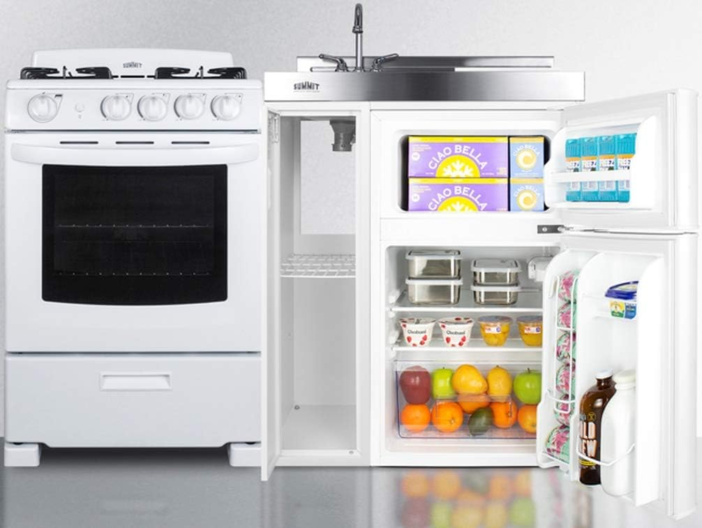 54" Wide All-in-One Kitchenette with 4-Burner Gas Range, Refrigerator-Freezer, Sink, Cutting Board and Storage Cabinet W88799