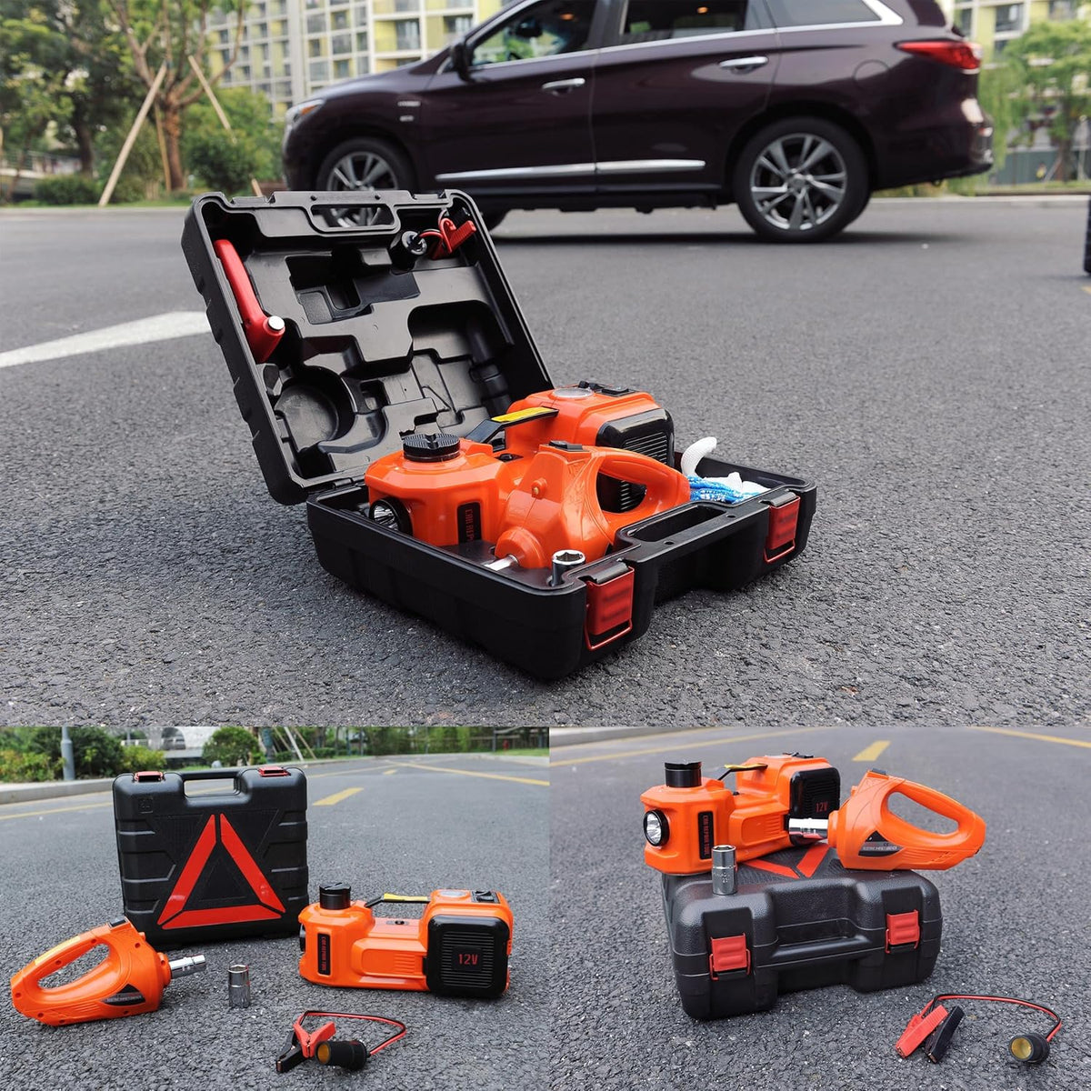 12V DC Electric Hydraulic Floor Jack and Tire Inflator Pump and LED Flashlight 3 in 1 Set with Electric Impact Wrench Car Repair Tool Kit N988