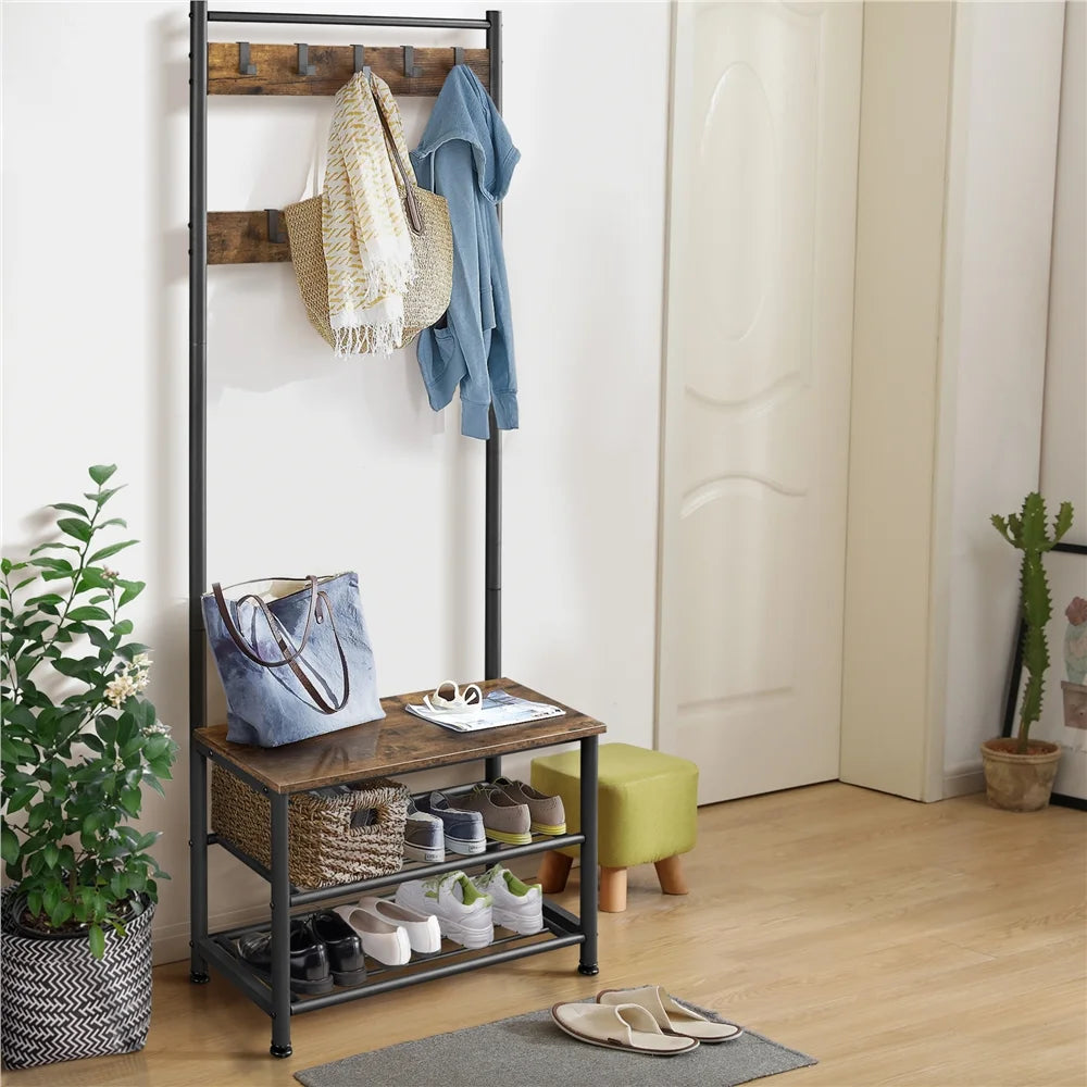 Rustic Brown Wooden Entryway Coat Rack with Shoe Storage Bench V918