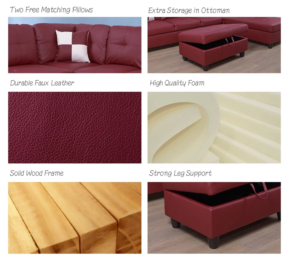 Red Left Facing Faux Leather Sectional Sofa with Ottoman D5328
