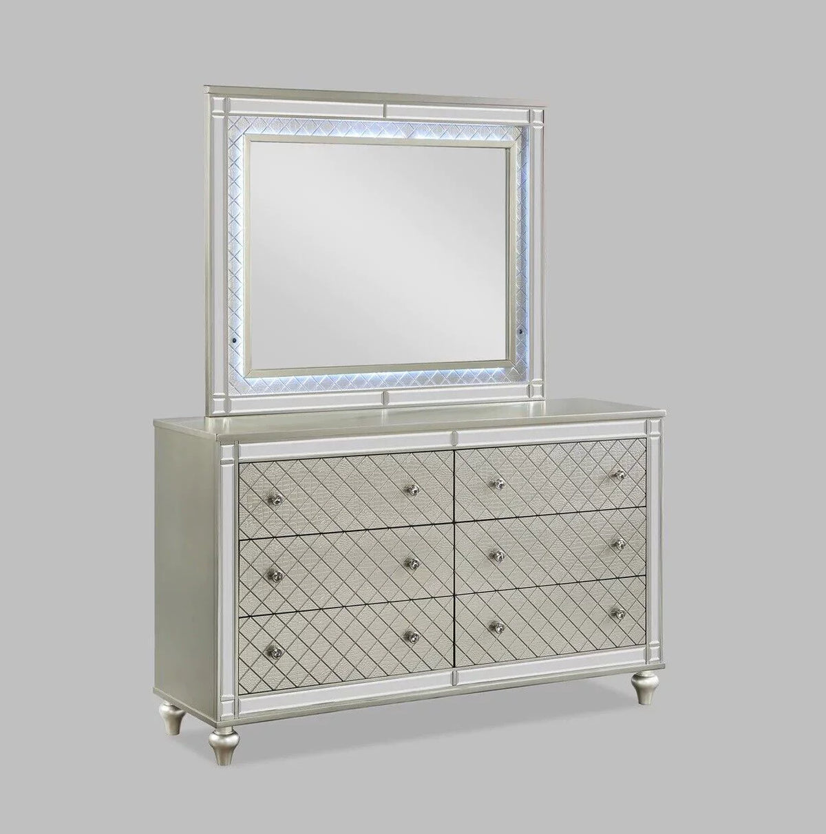 4pc King Size Upholstery LED Bed Dresser Mirror Nightstand Wooden Furniture Set M302