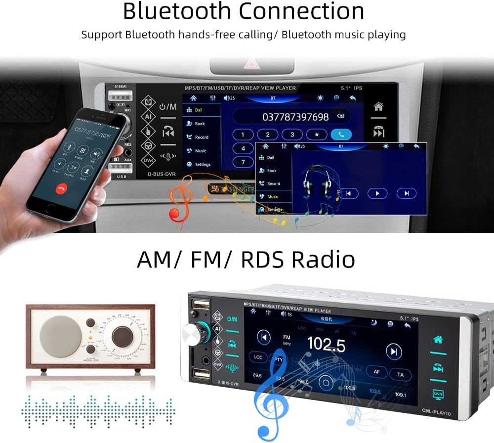 5.1 Inch Touchscreen Car Stereo with Bluetooth, Backup Camera, AM/FM Radio V5358