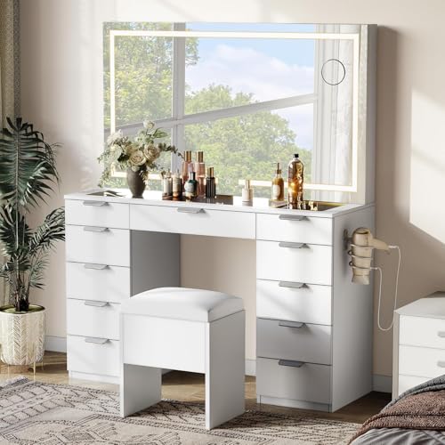 White Vanity Desk Set with LED Mirror and 11 Drawers M69502