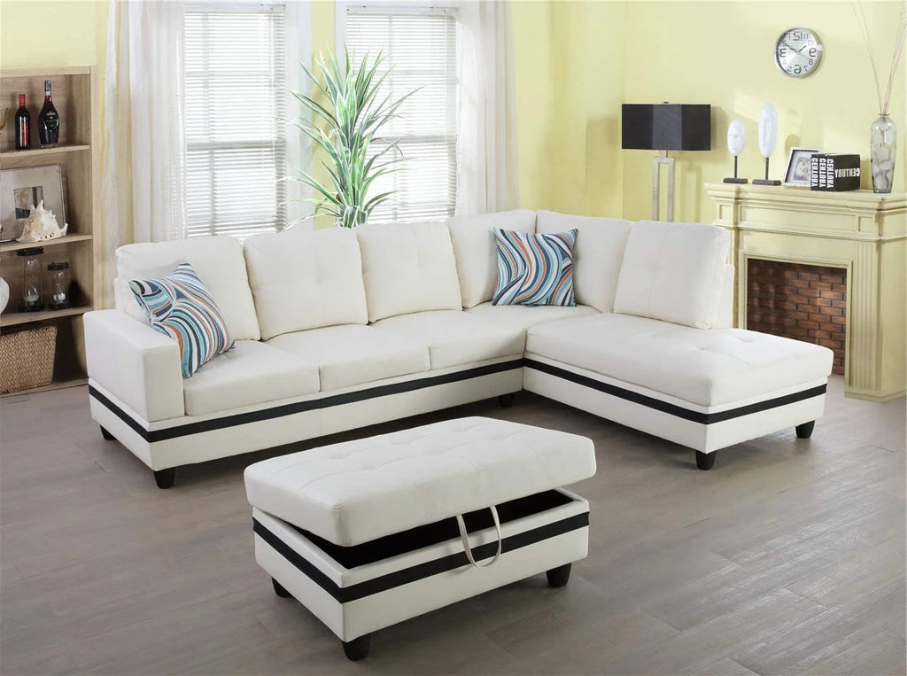 Black&White Leather Sectional Sofa Set with Storage Ottoman and Matching Pillows I7773