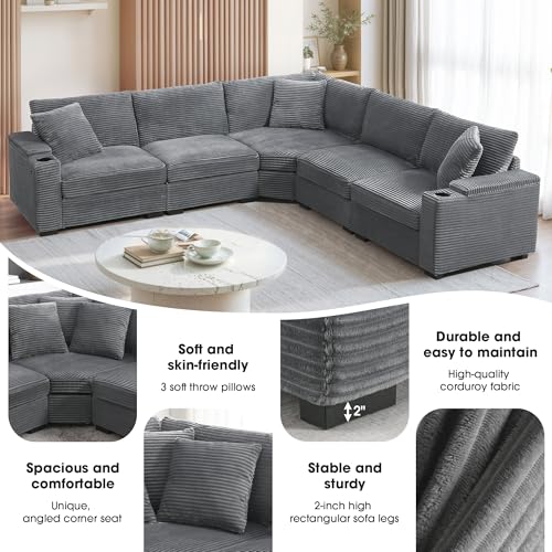 Beige Corduroy Sectional Corner Sofa with Cup Holders Q475308