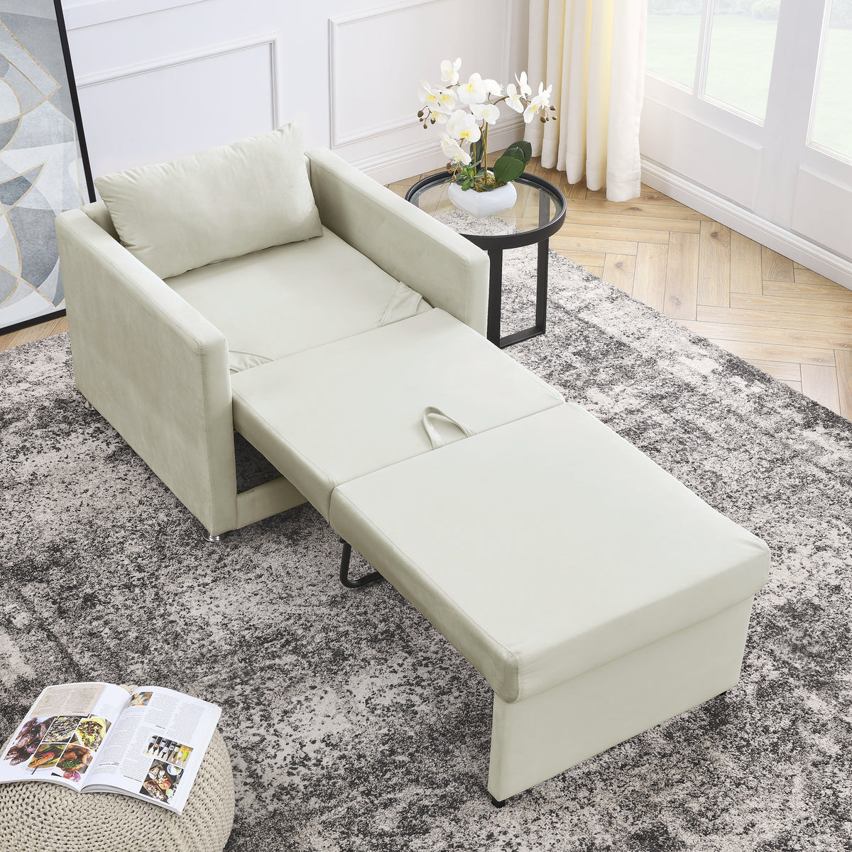 Beige Velvet Convertible Chair Bed L23317
