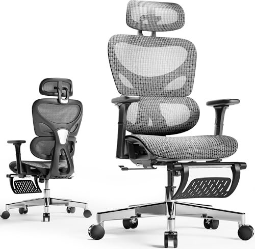 Grey and Black Mesh Ergonomic Office Chair with Footrest J347