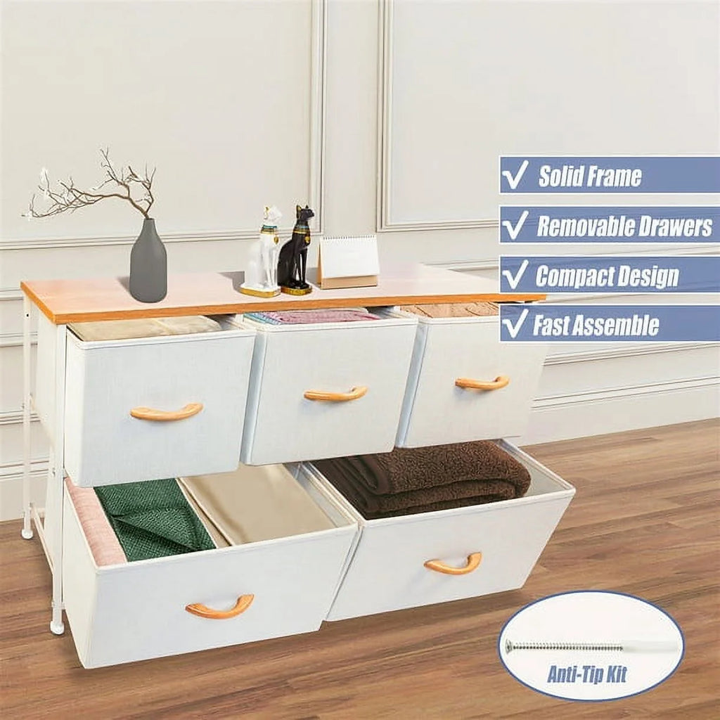 5 Drawers Wood Dresser with Fabric Drawers (Maple) G9104