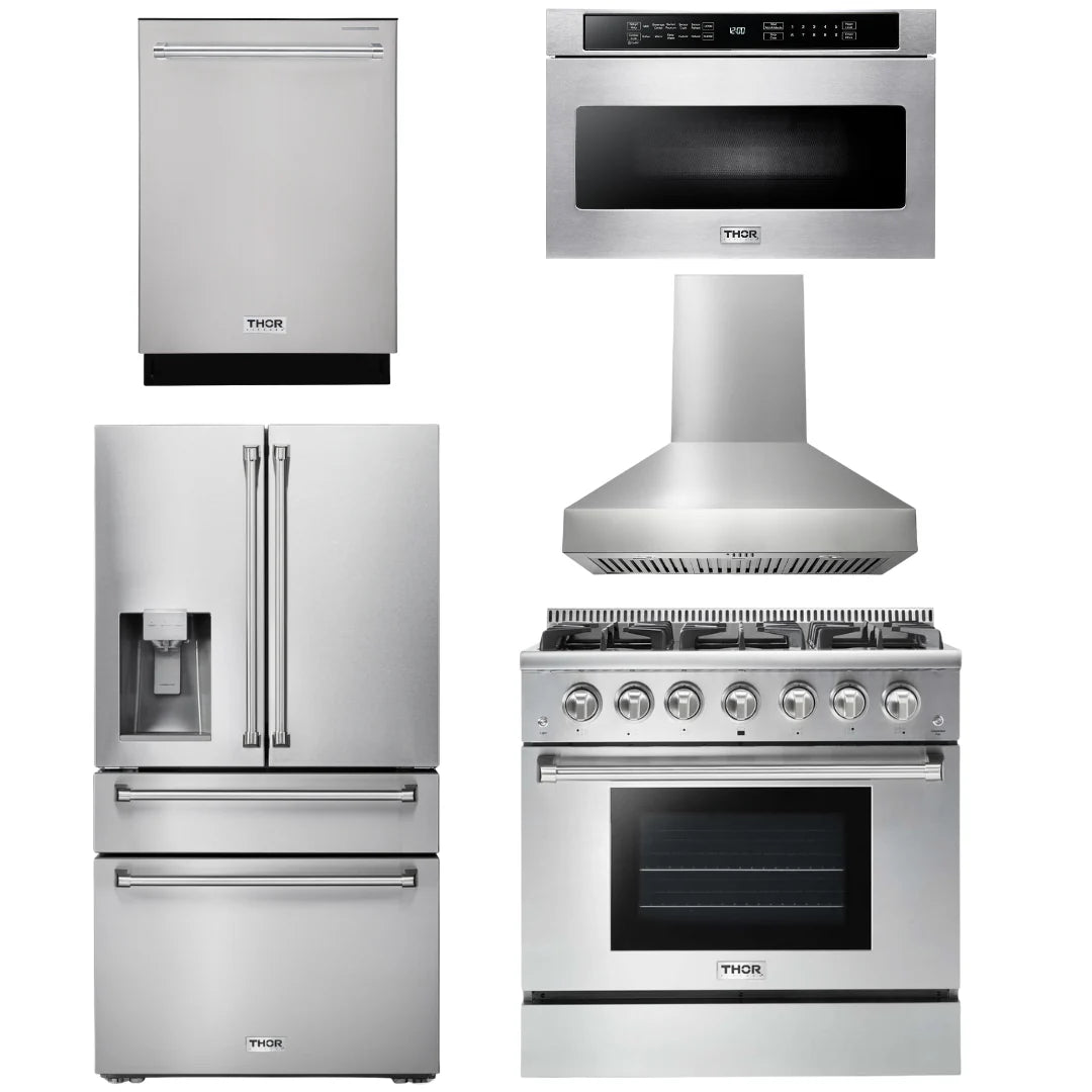 36 Gas Range, Hood, Microwave, Refrigerator, Dishwasher I912