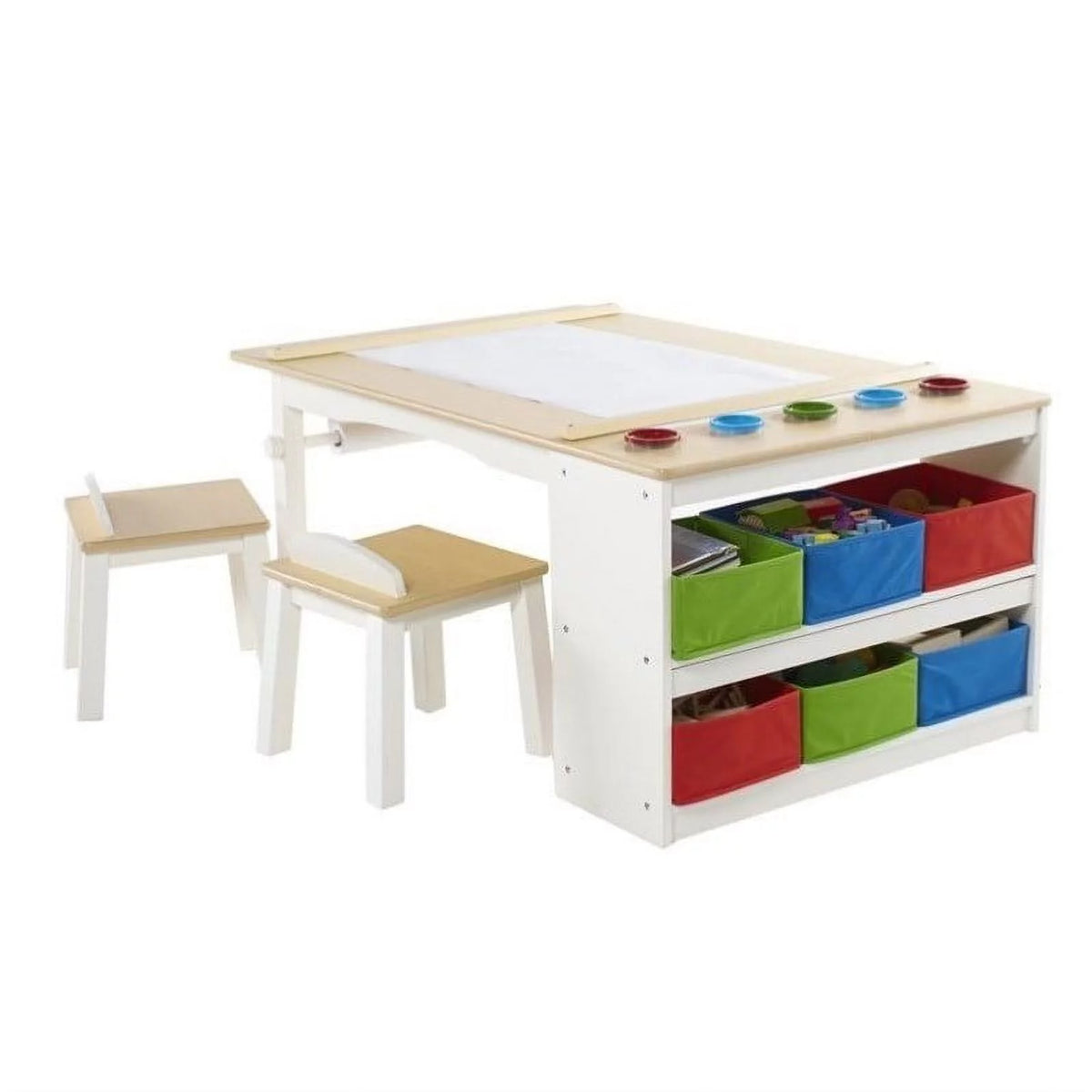 Kids Activity Table and Drawing Desk with Stools, Storage Canvas Bins, Paper Roller, and Paint Cups N8979