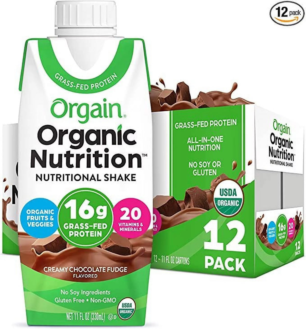 Organic Nutritional Shake, Creamy Chocolate Fudge, 16g Whey Protein, 11 Fl Oz, Pack of 12 B5116