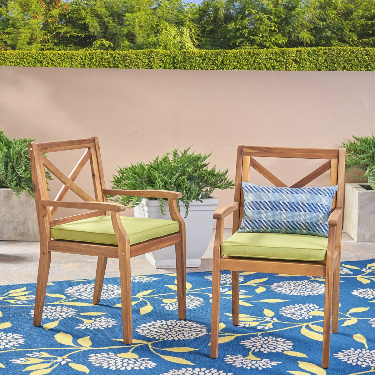Teak and Green Wooden Patio Dining Arm Chair Set of 2 A506285