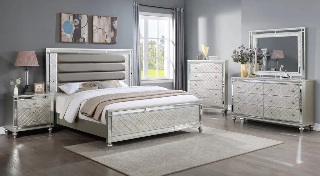 4pc King Size Upholstery LED Bed Dresser Mirror Nightstand Wooden Furniture Set M302