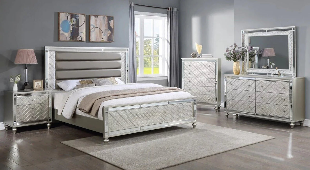 4pc King Size Upholstery LED Bed Dresser Mirror Nightstand Wooden Furniture Set M302