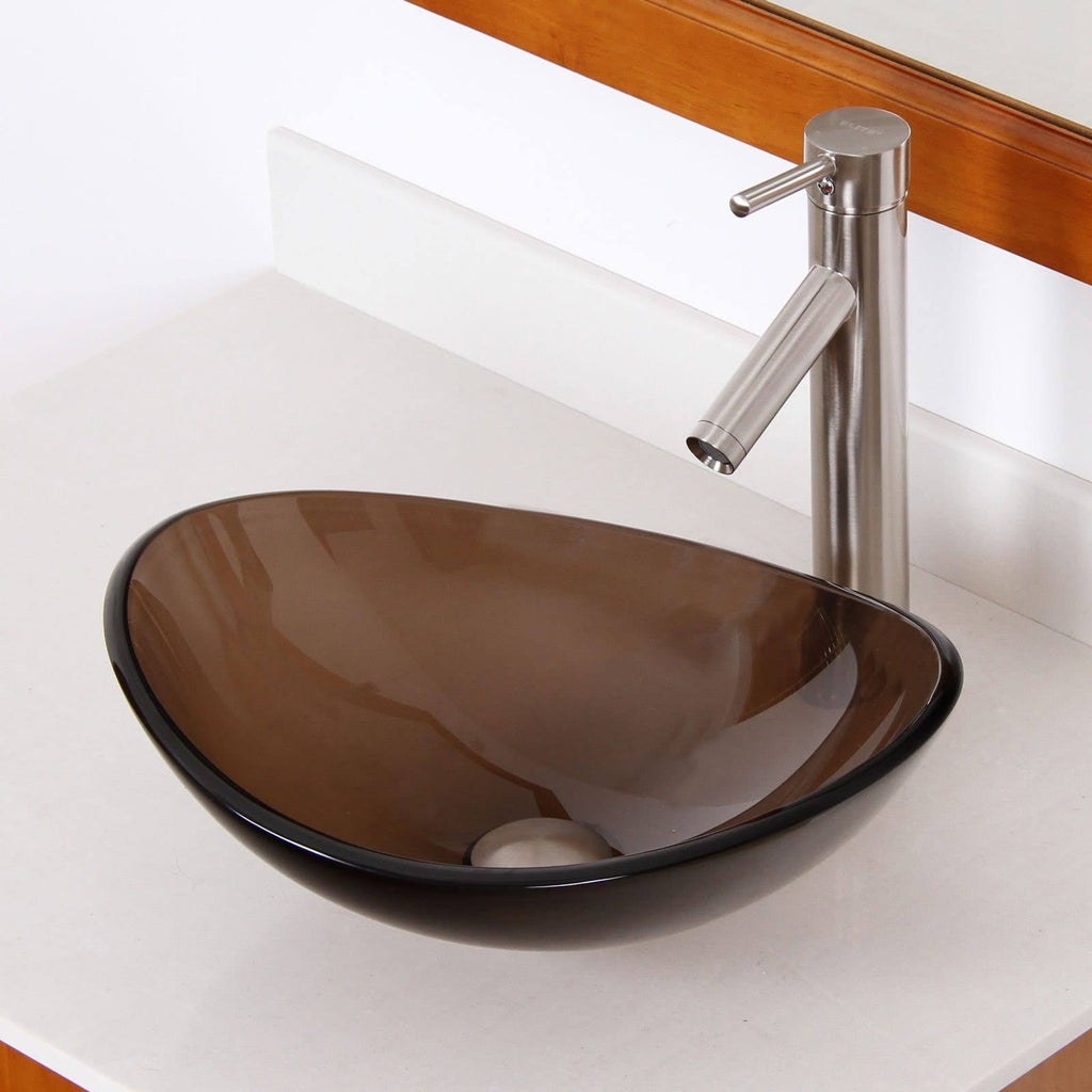Oval Transparent Brown Tempered Glass Bathroom Vessel Sink with Chrome Finish Faucet G18840