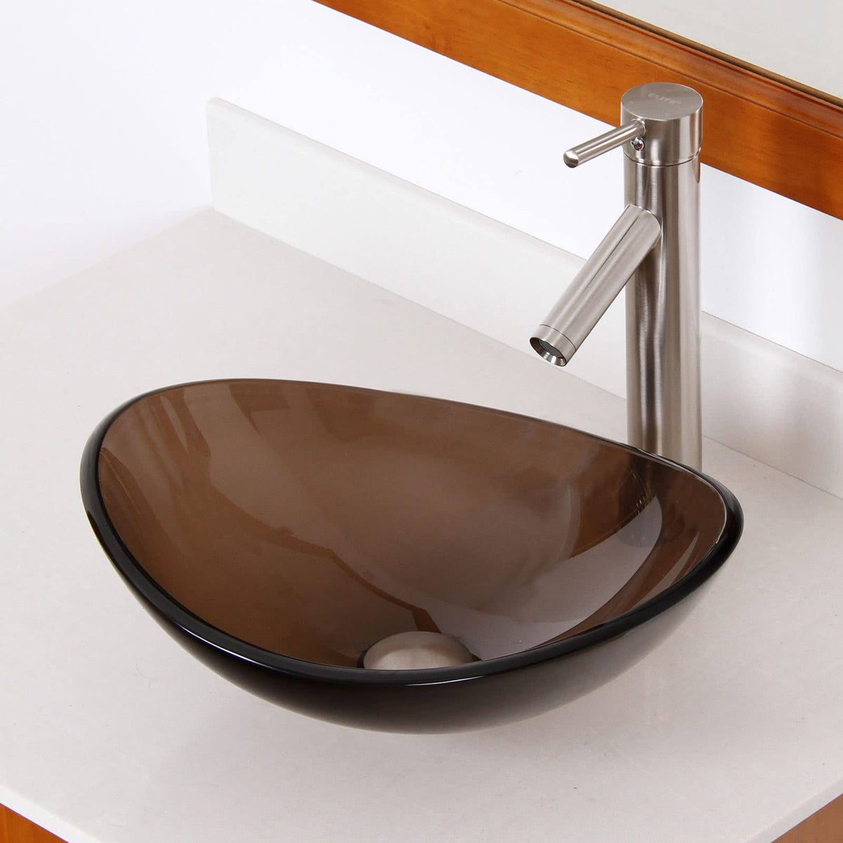 Oval Transparent Brown Tempered Glass Bathroom Vessel Sink with Chrome Finish Faucet G18840