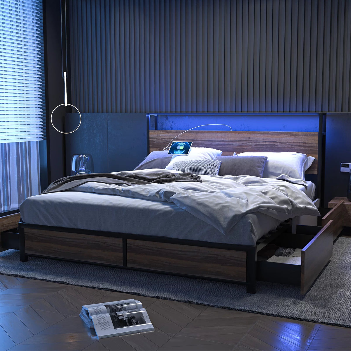 Queen Size LED Metal Platform Bed Frame with 4 Storage Drawers and Headboard N93176