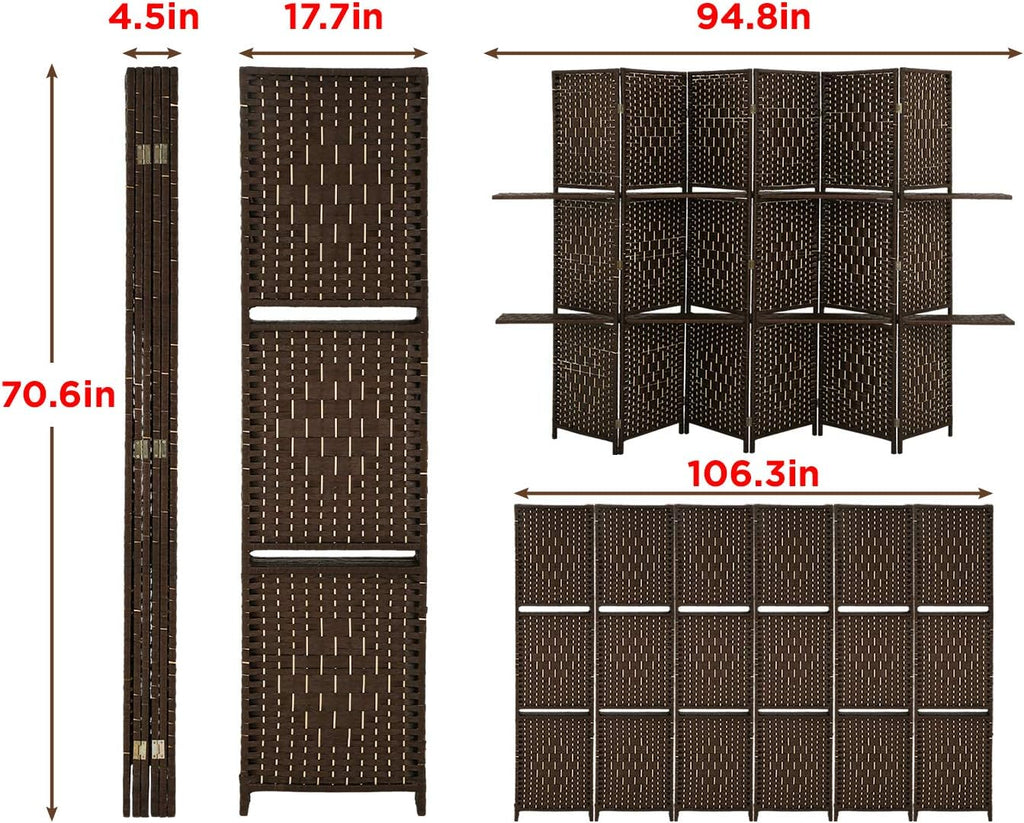 6 Ft Tall Wooden Folding Privacy Screen 6 Panel Room Divider with Shelves N6520