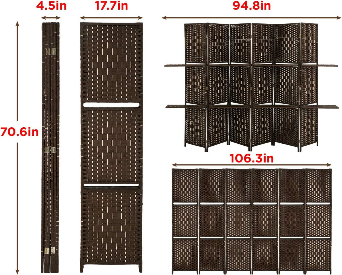 6 Ft Tall Wooden Folding Privacy Screen 6 Panel Room Divider with Shelves N6520