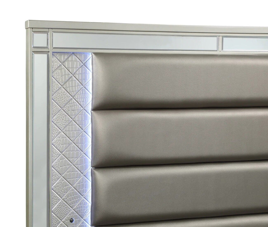 4pc King Size Upholstery LED Bed Dresser Mirror Nightstand Wooden Furniture Set M302