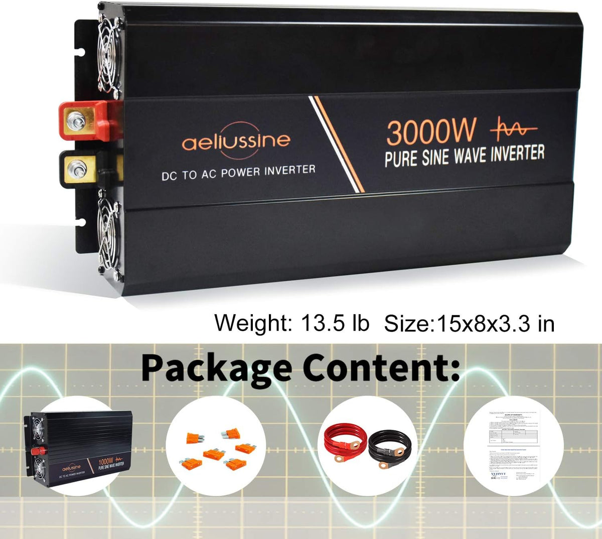 3000 Watt Pure Sine Wave Power Inverter 24 Volt DC to AC 110V 120V with LCD Display Remote Switch Y442