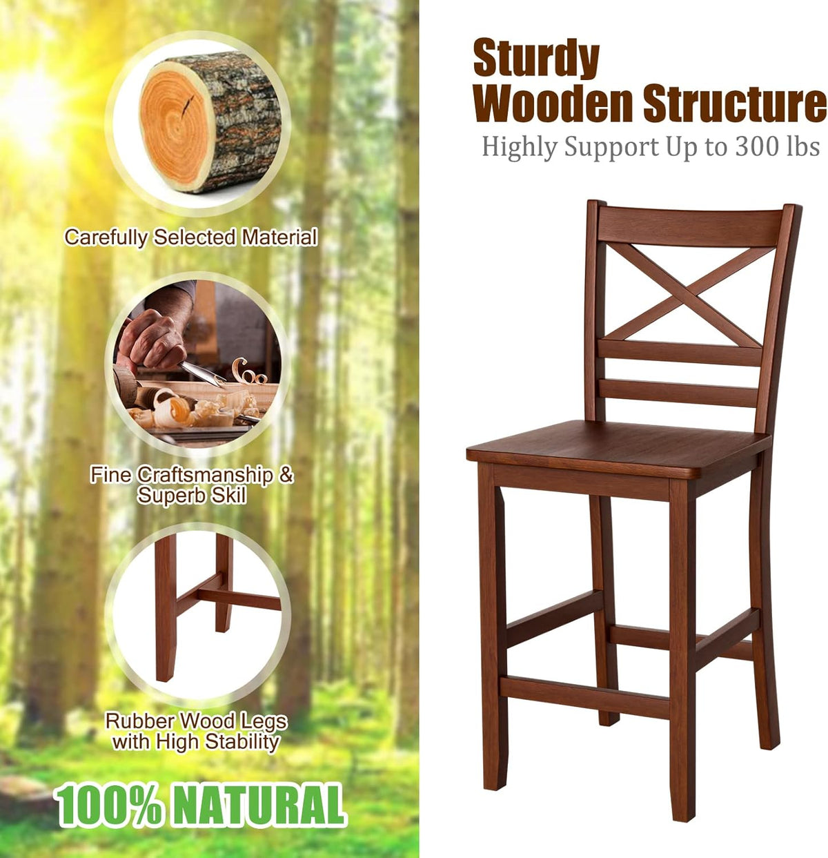 Set of 2 25'' Counter Height Bar Stools with Wooden Backrest R5913