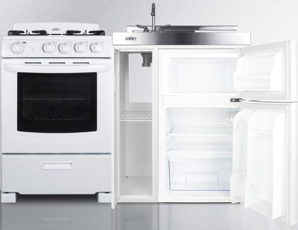 54" Wide All-in-One Kitchenette with 4-Burner Gas Range, Refrigerator-Freezer, Sink, Cutting Board and Storage Cabinet W88799
