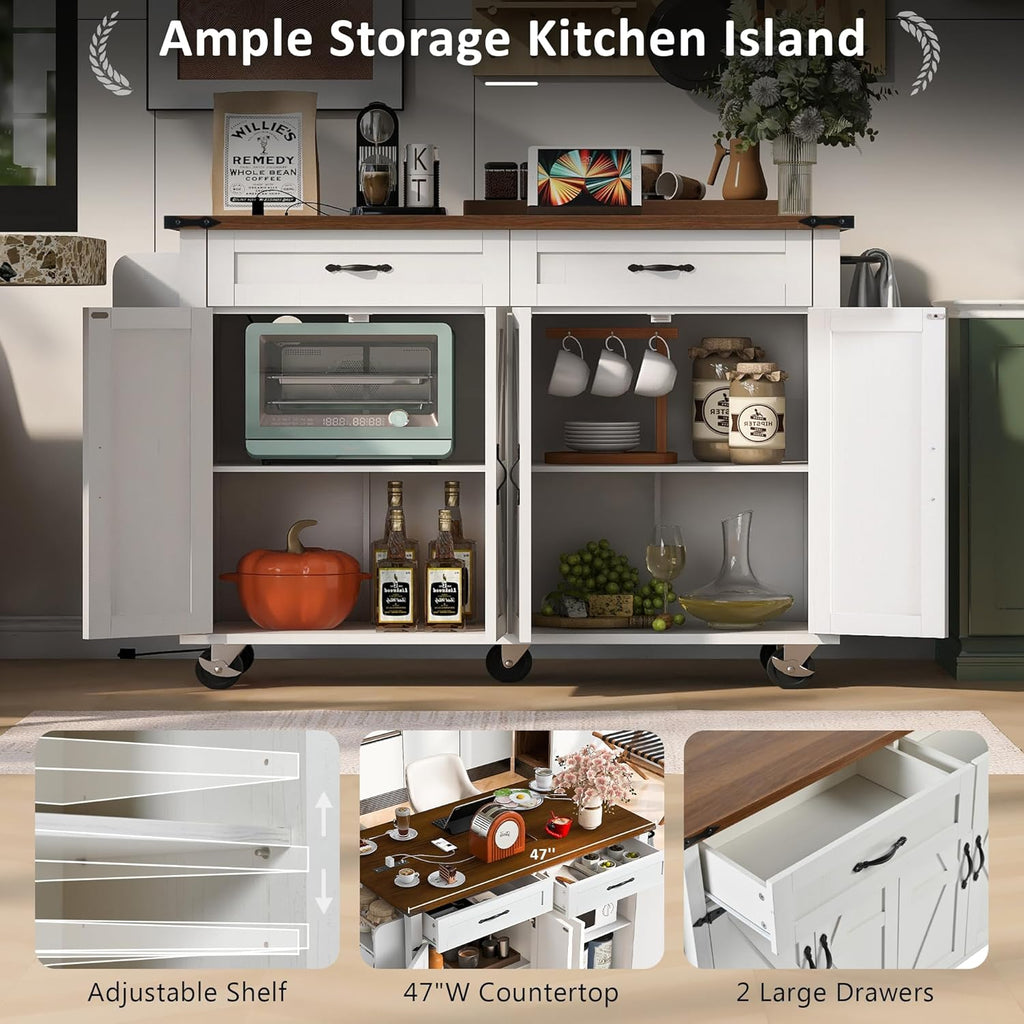 White Kitchen Island with Power Outlet and Drop Leaf X636