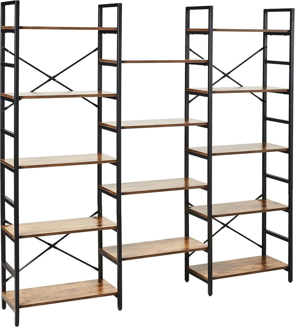 Triple Wide 5-Tier Wood and Metal Bookshelf, Vintage Brown O436