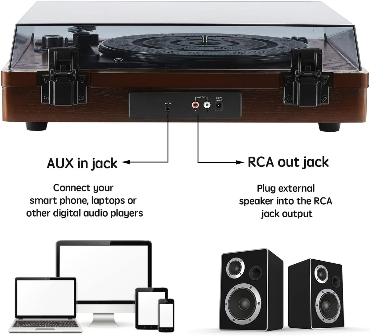 Wooden Vinyl Record Player with Built-in Speakers, Bluetooth Input, 3-Speed D1493