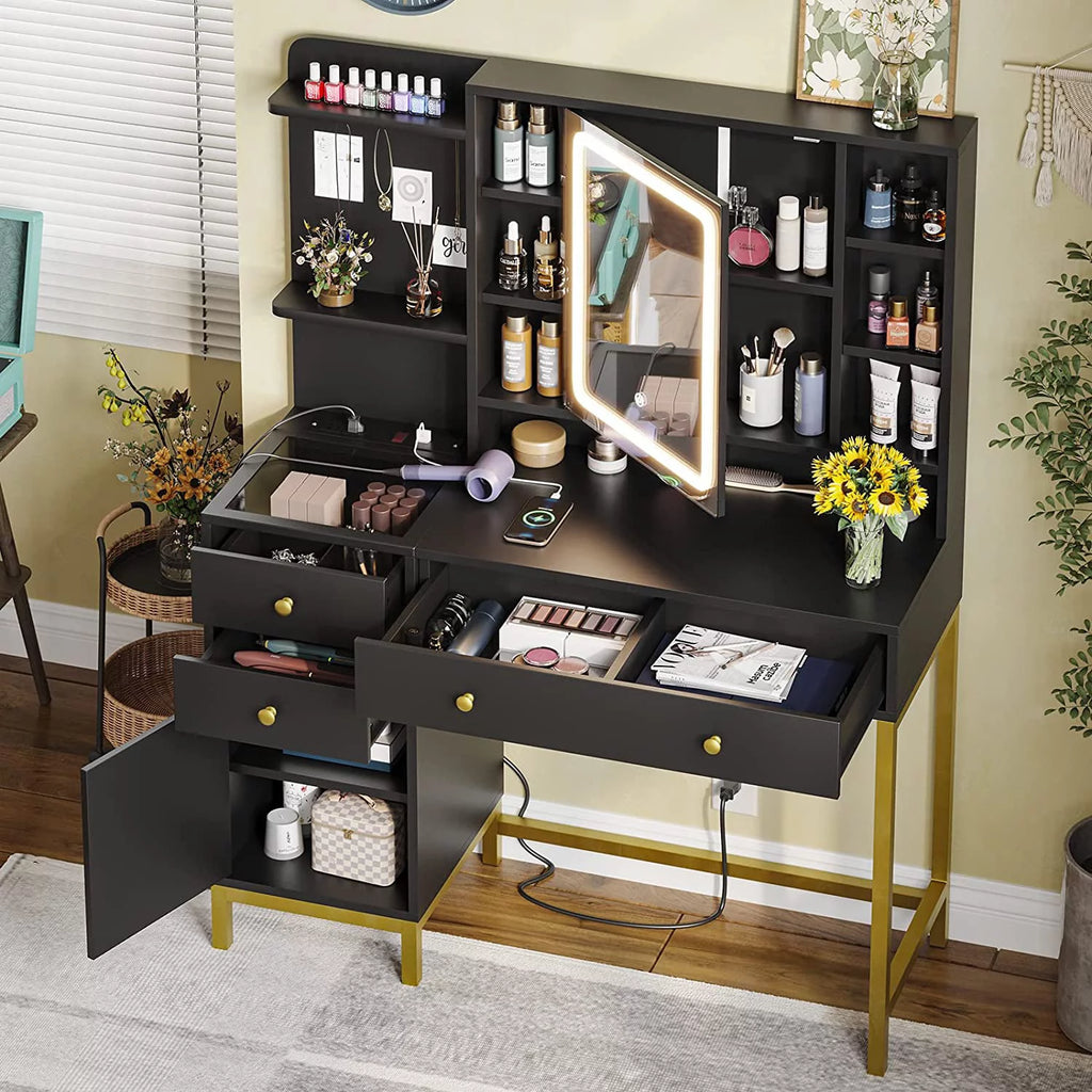 Black Makeup Desk with Lights and Charging Station E65511