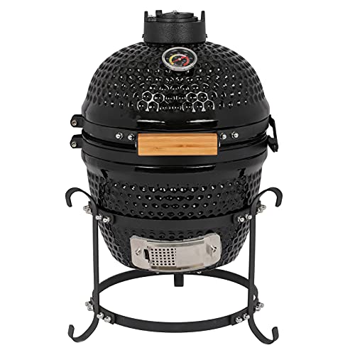13in Round Ceramic Charcoal Grill with Thermometer, Black F798