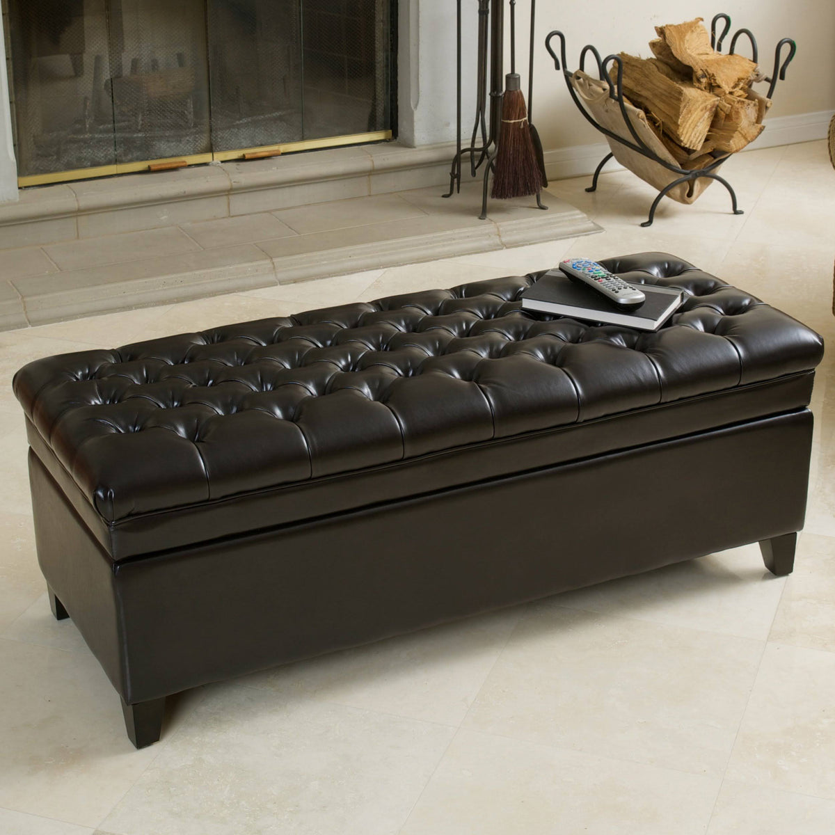 Ivory Leather Storage Ottoman Y3065