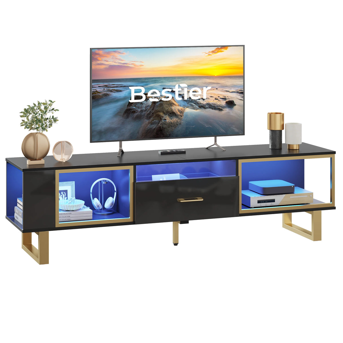 Black & Gold High Gloss TV Stand with Drawer Y73764