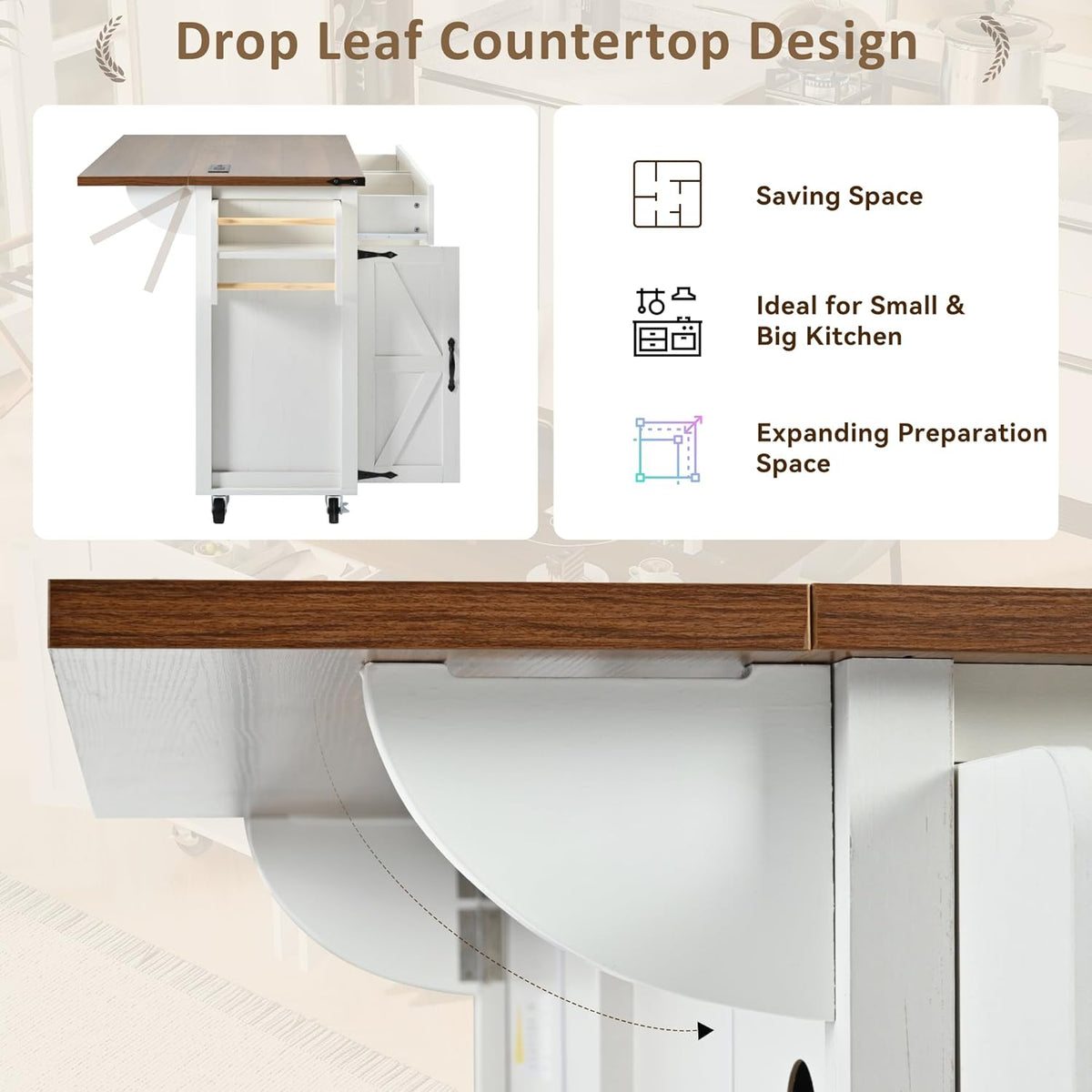 White Kitchen Island with Power Outlet and Drop Leaf X636