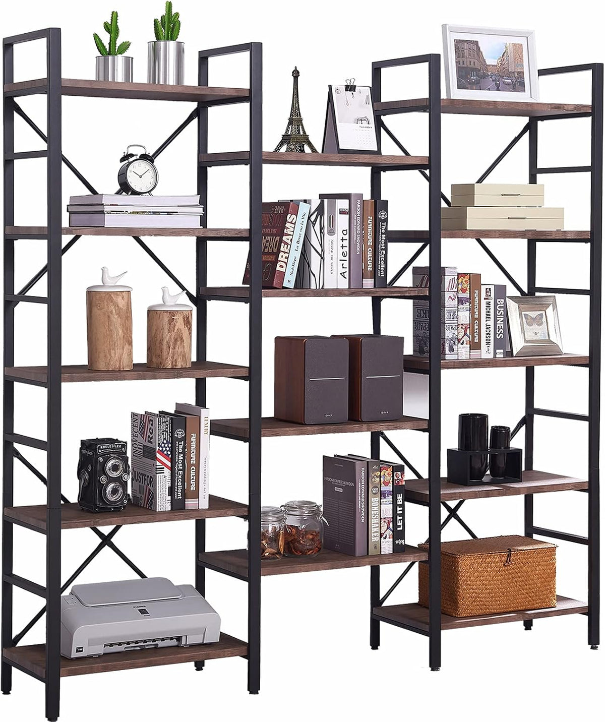 Triple Wide 5-Tier Wood and Metal Bookshelf, Vintage Brown O436