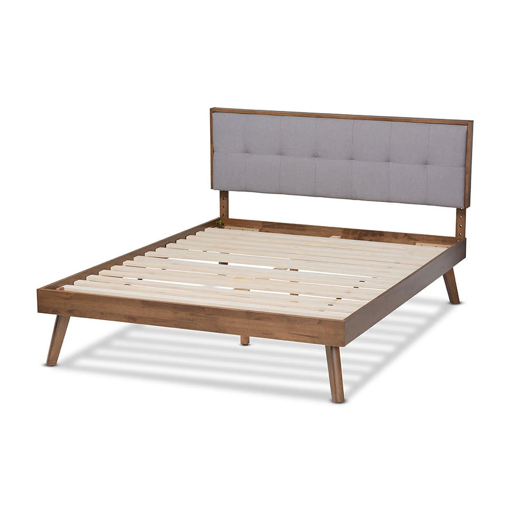 Light Grey Fabric Upholstered Walnut Brown Wood Queen Size Platform Bed Q293