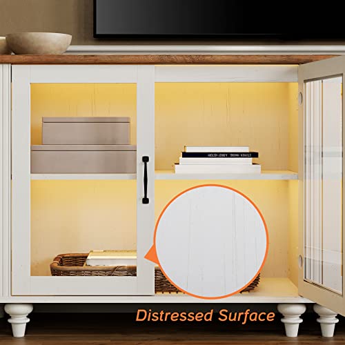 Off White Wood TV Stand with Yellow LED Light and Glass Door T406